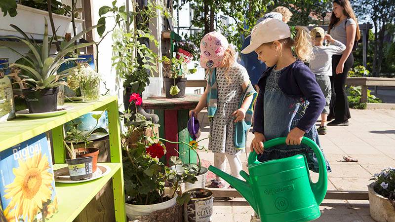 Barn vattnar ute på gården.